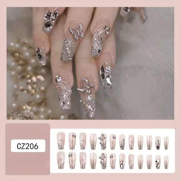 24-Piece Long Square Nude Nail Set with Butterfly, Pearl Embellishments - Picture 2 of 5